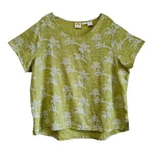 C & C CALIFORNIA Women's Plus 1X Linen Blouse Tropical Palm Trees Lime Green 48"